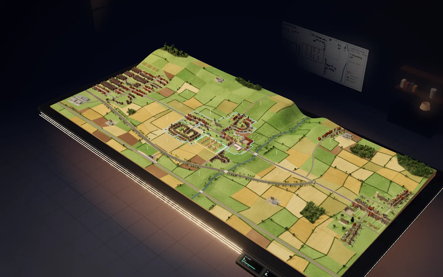 Model of a village and its fields on a lit plinth, with thirteen numbered fields round its edge and one outlined in light
