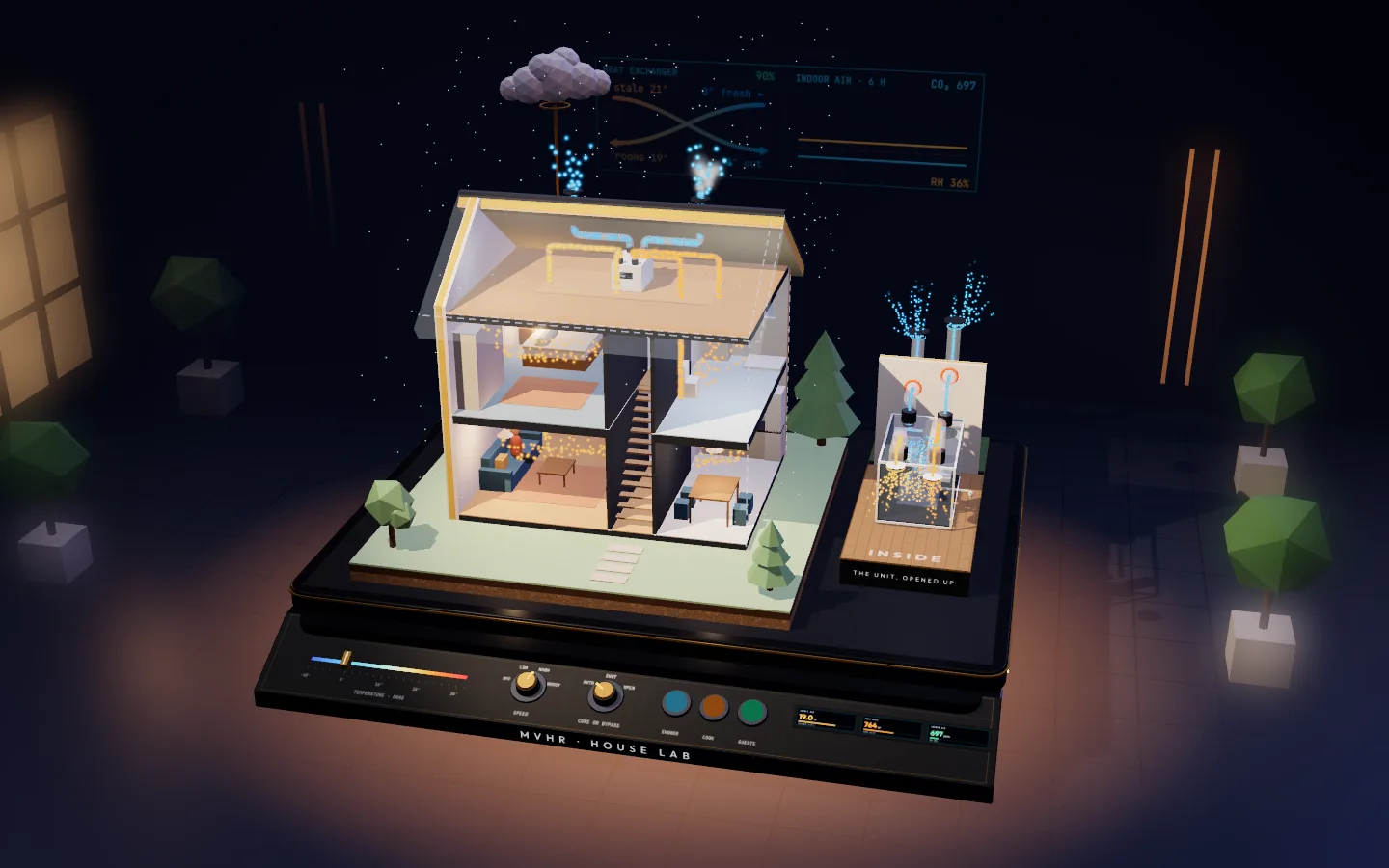 A museum exhibit on a lacquered pedestal: a cutaway model of a two-storey house with an MVHR unit in the loft and glass ducts to each room, the unit opened up at a larger size on a stand beside it, and a control desk along the front