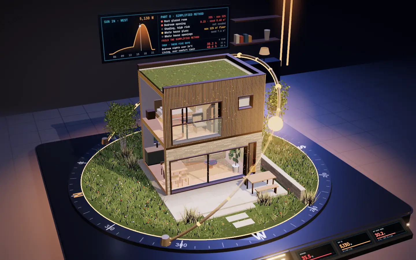 Model of a two-storey house in pale brick and vertical timber battens, with a sedum roof and big west-facing glass, in a meadow garden on a compass turntable under a hoop that carries a lamp along the sun's path
