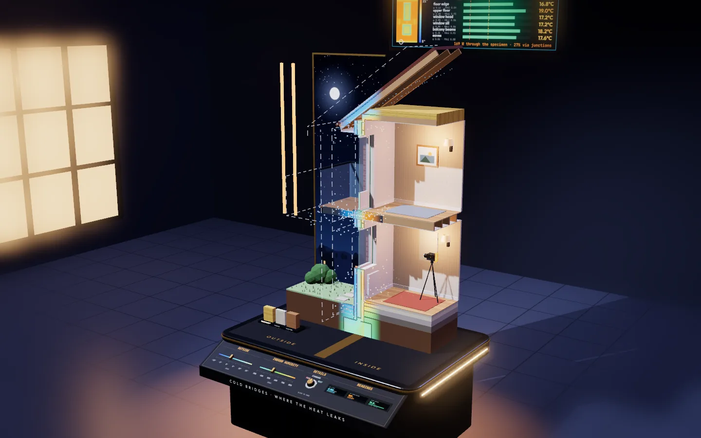 A museum exhibit on a lacquered pedestal: a two-storey slice of a brick house with its tiled roof, cut open through its window and balcony door, a frosty garden under a painted night sky on the left and two lamp-lit rooms on the right, the cut coloured by temperature from cold blue to warm orange, with a control desk of sliders and a knob along the front